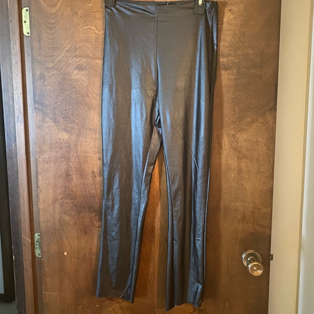 Small faux leather. Stretch faux leather jeggings with no pockets or zippers.